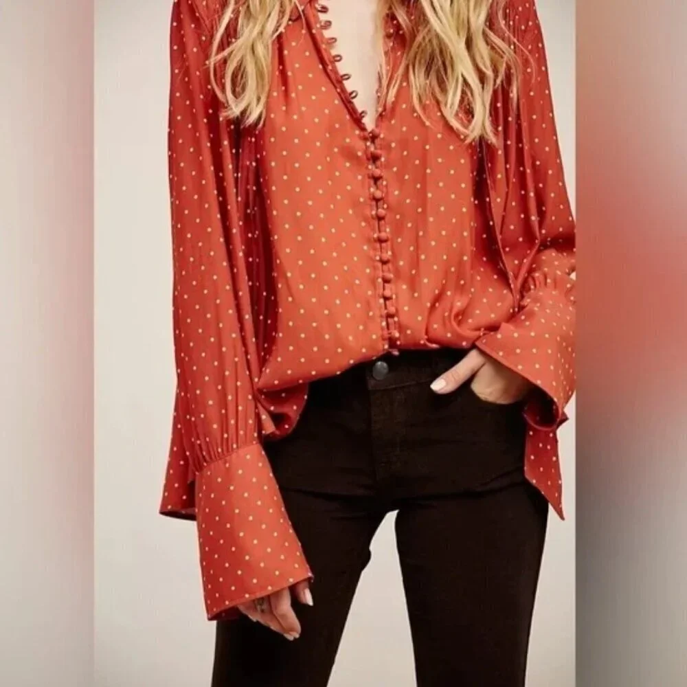 Free People New World Dotted Blouse in Autumn orange combo size X-Small